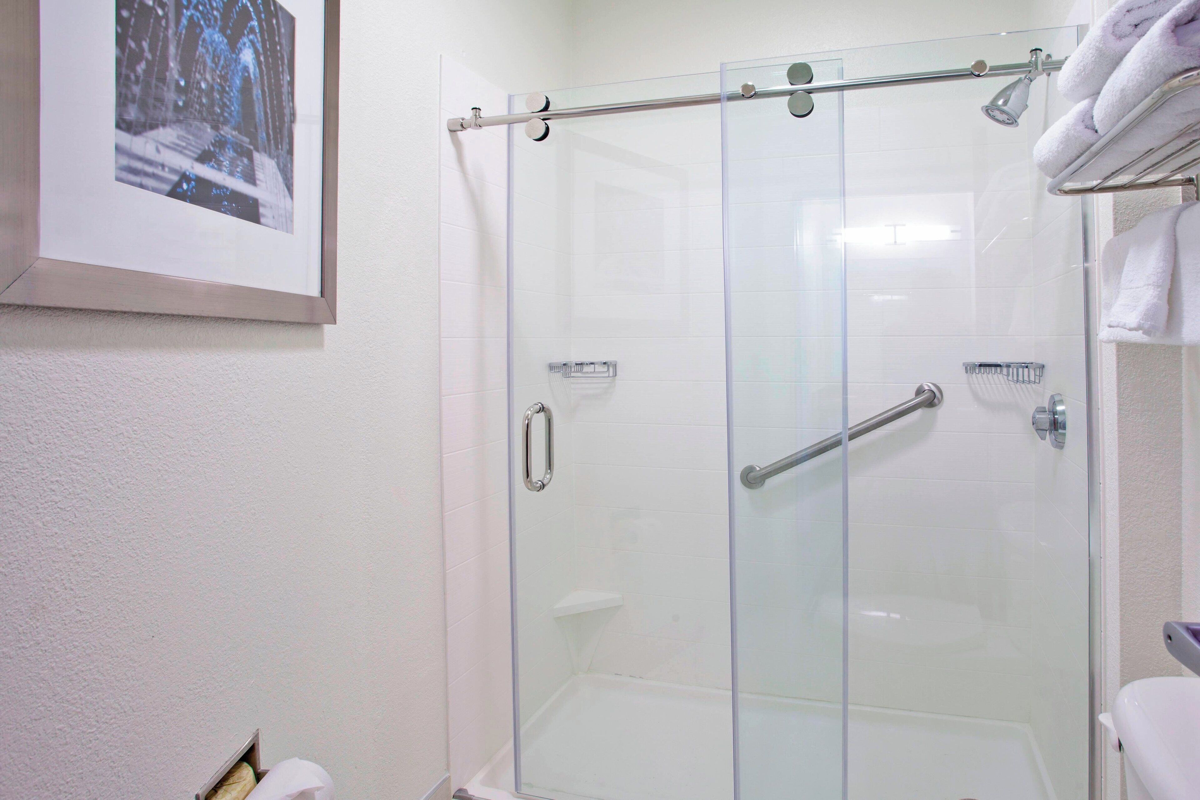 A glass-enclosed shower with a handrail, a towel rack, and a framed picture on the wall.