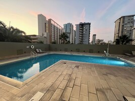 Indoor pool, open 3:00 PM to 10:00 PM, sun loungers