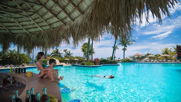 Zona de piscina con techo de paja, sillones de descanso y un bar con botellas.