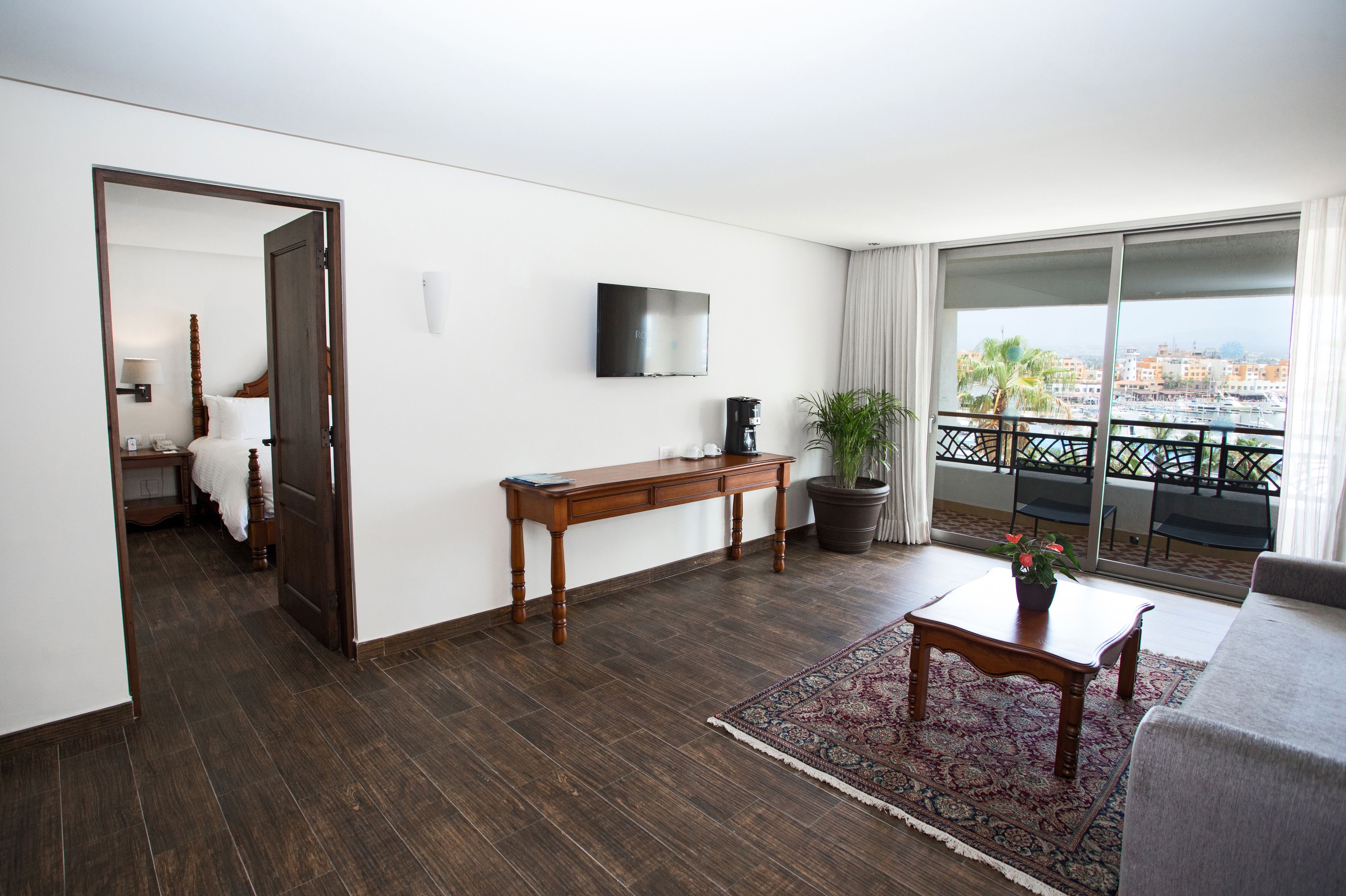 A modern living room with a large window, a flat-screen TV, a wooden console table, and a potted plant.