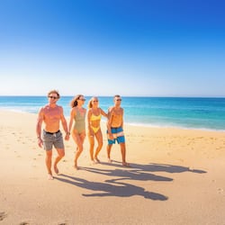 On the beach, sun loungers, beach umbrellas, beach towels
