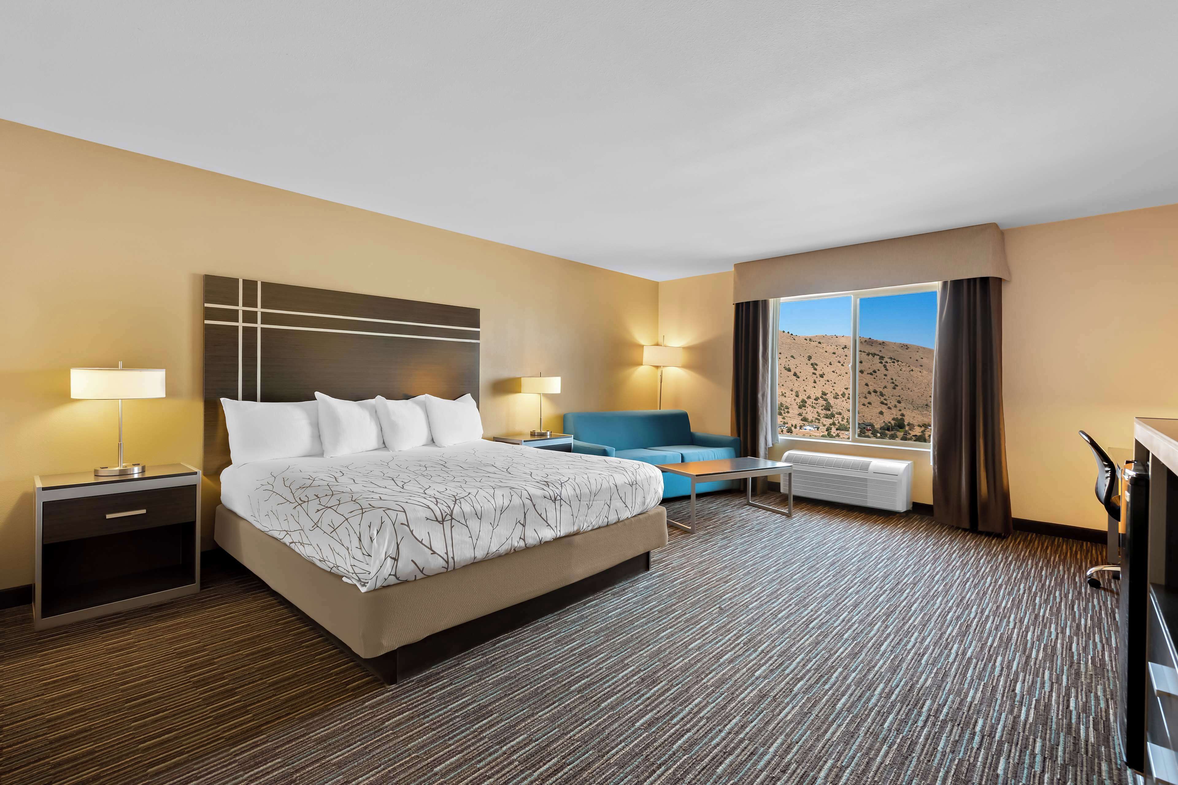 standard room, 1 king bed, refrigerator & microwave, lake view | in-room safe, desk, blackout curtains, iron/ironing board