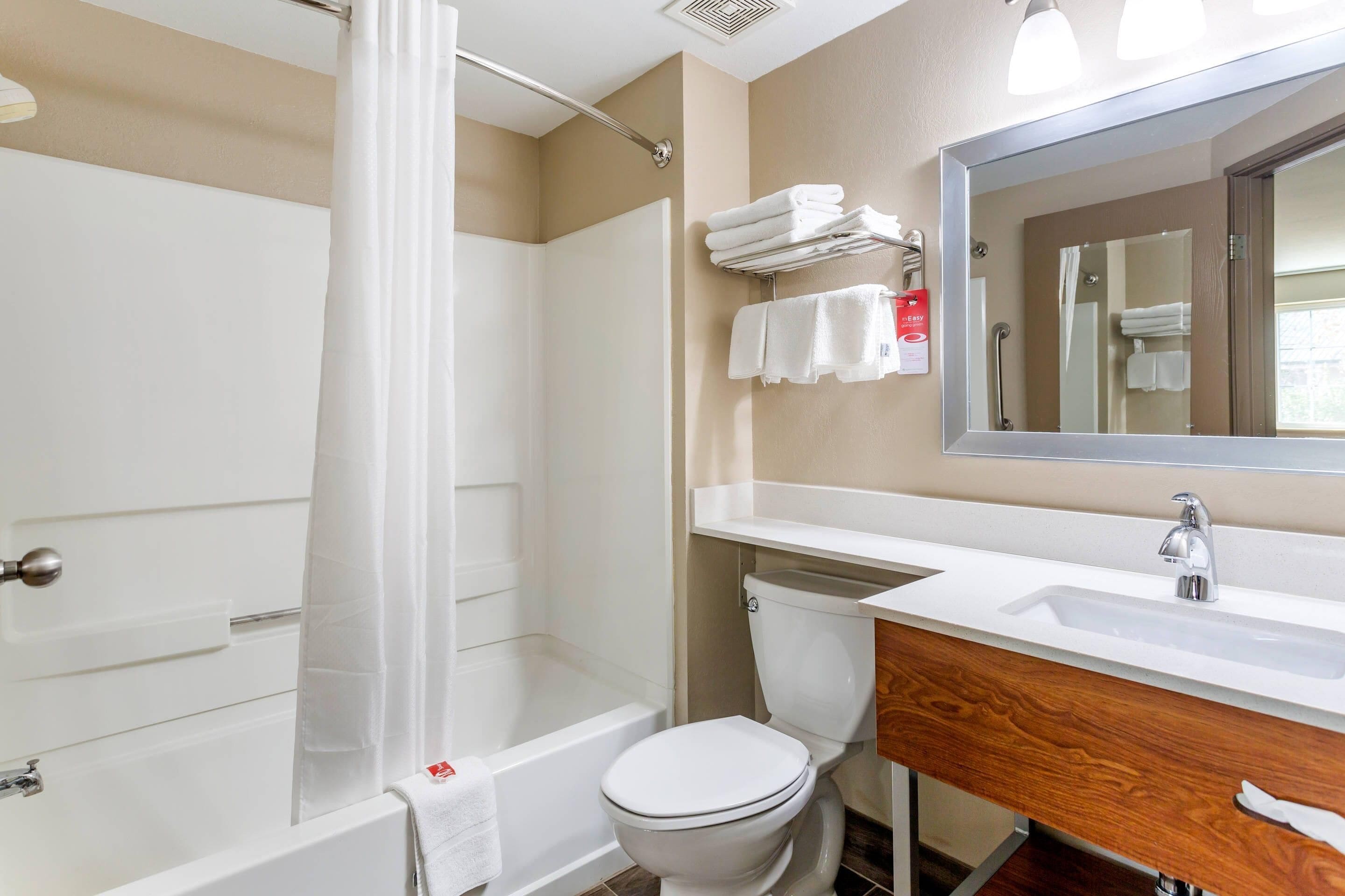 Un baño con bañera, inodoro y tocador con espejo.