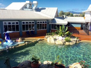 Outdoor pool, pool umbrellas, pool loungers