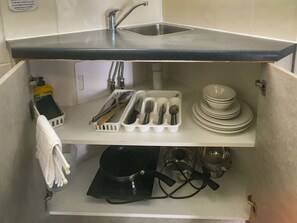 Fridge, microwave, electric kettle, toaster