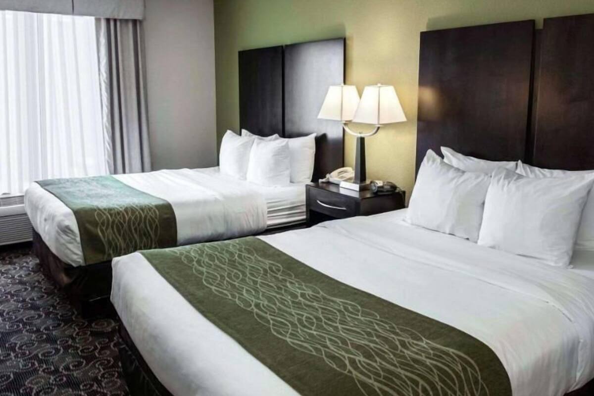 Una habitación de hotel con dos camas, una mesita de noche con lámpara y un teléfono.