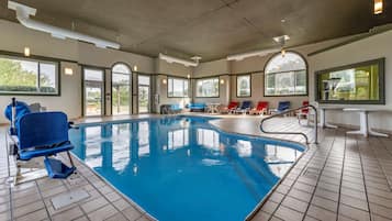 Indoor pool, open 6:00 AM to 10:00 PM, pool loungers