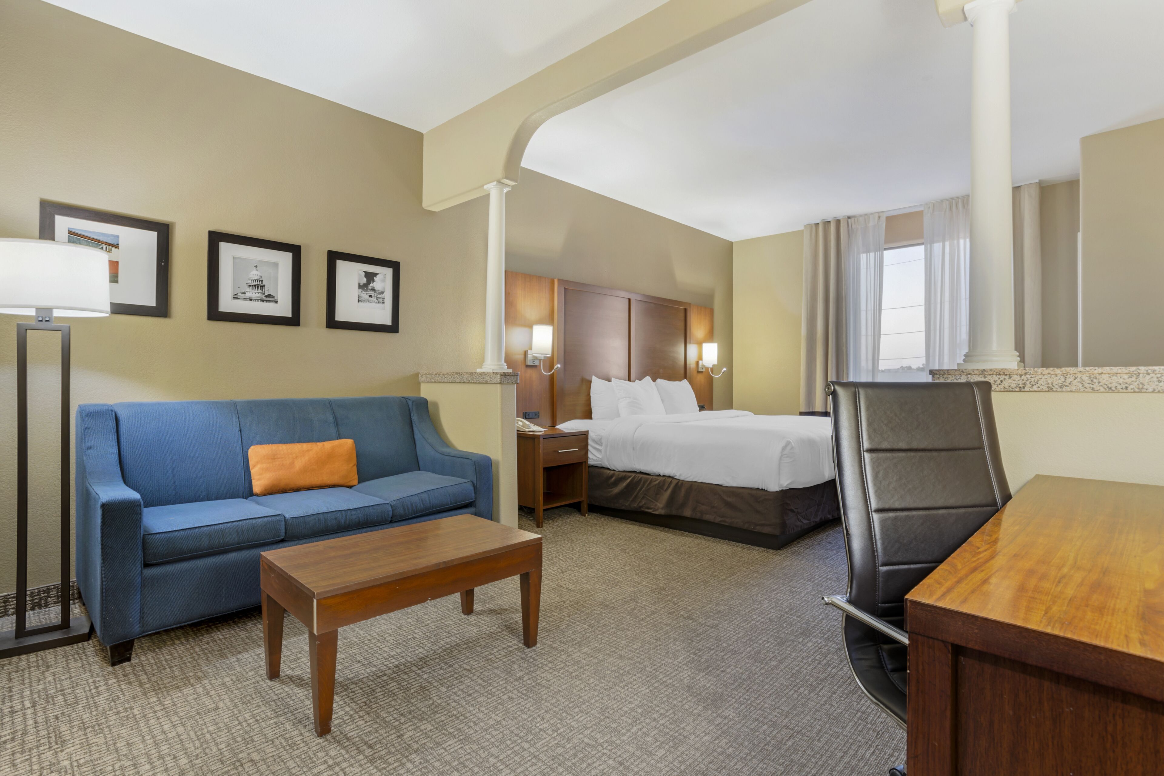 pillow-top beds, desk, blackout curtains, iron/ironing board