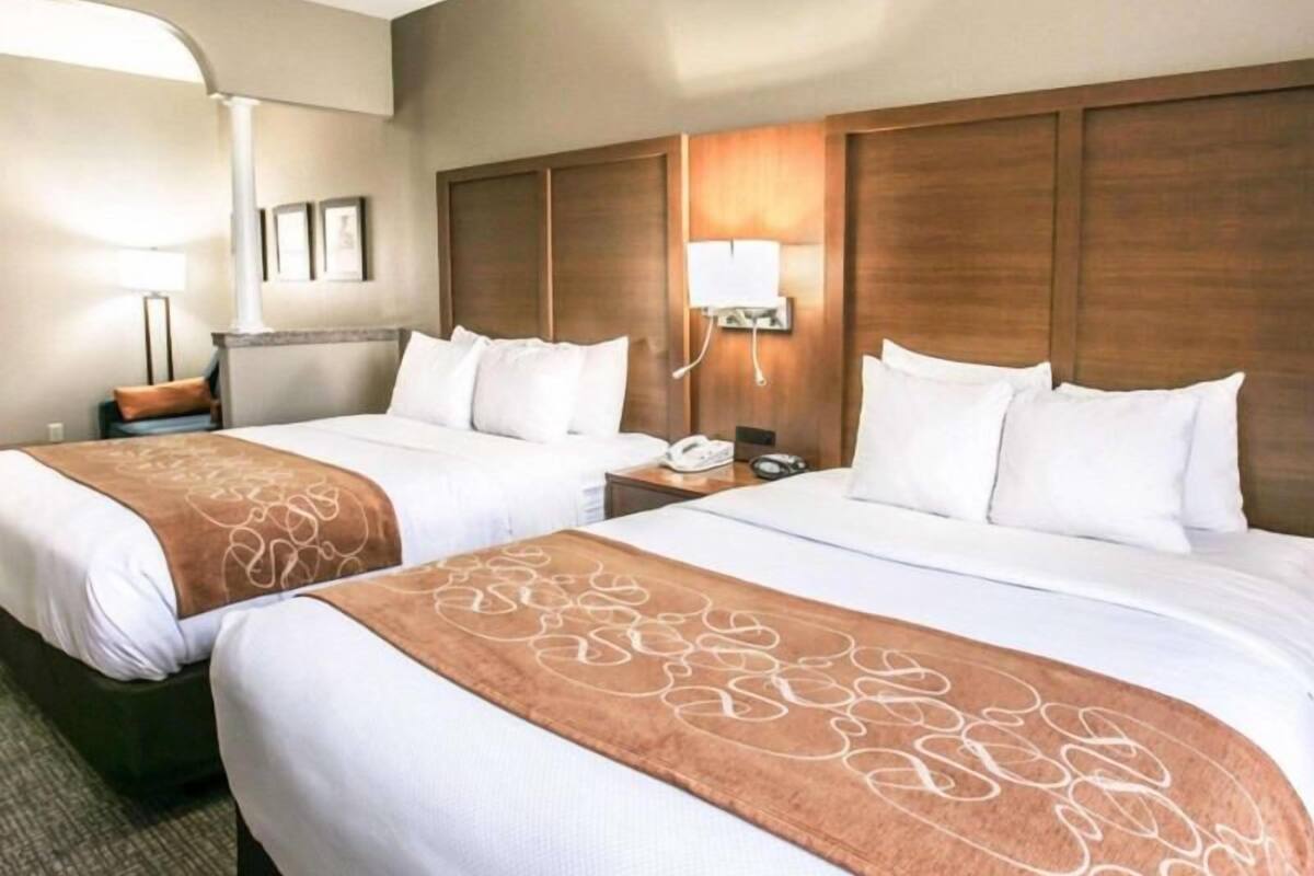 Une chambre d’hôtel avec deux lits, une table de chevet, une lampe et un téléphone fixé au mur.