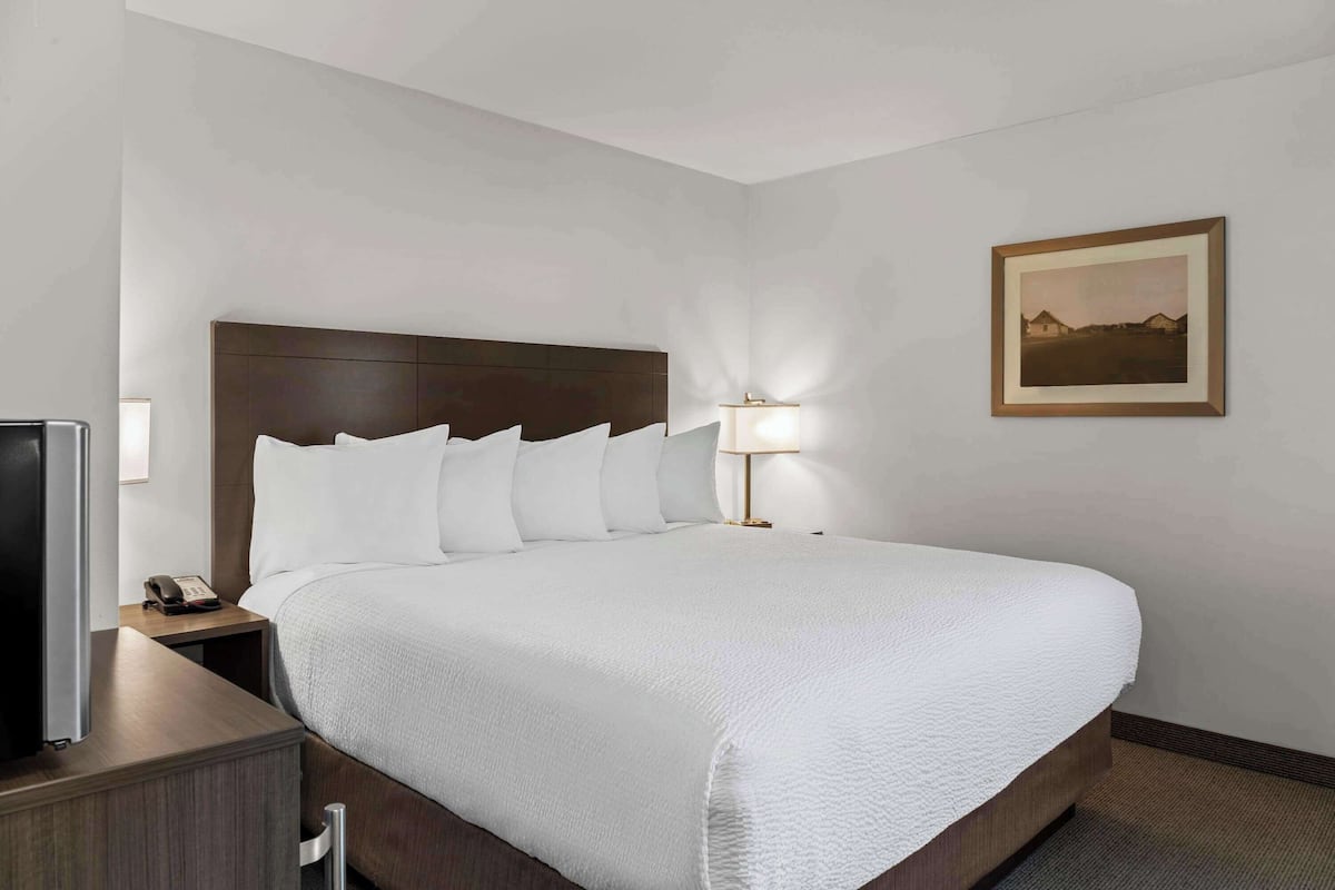 Ein Hotelzimmer mit einem großen Bett, einem Nachttisch mit Lampe und einem gerahmten Bild an der Wand.
