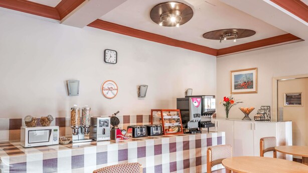 Ein Frühstücksbuffet mit kariertem Tischleinentuch, Sitzgelegenheiten und verschiedenen Speisen zum Frühstück.