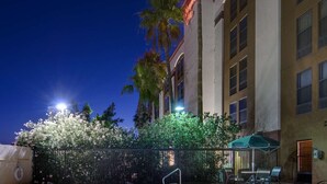 A swimming pool with lounge chairs and umbrellas, surrounded by a tall fence and palm trees, with a building in the background. - Hampton Inn Phoenix/Glendale/Peoria (Peoria)