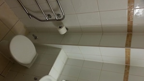Un baño con inodoro, lavamanos y zona de ducha.