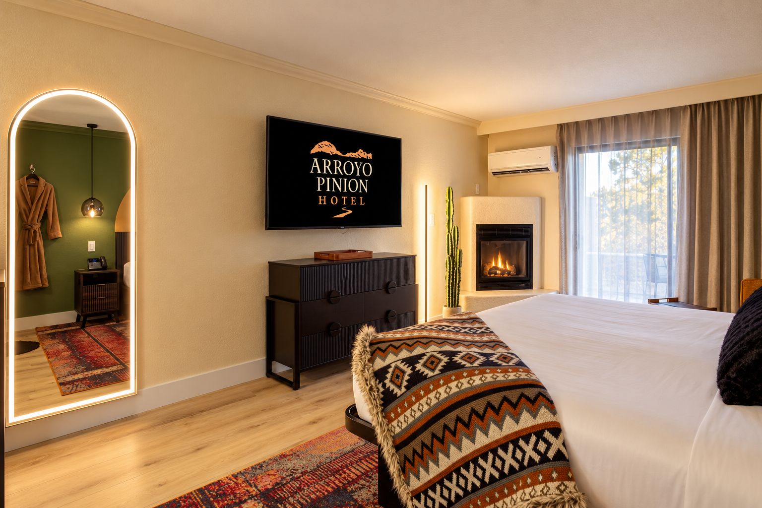 A hotel room with a bed, a television mounted on the wall, a fireplace, and a large mirror.