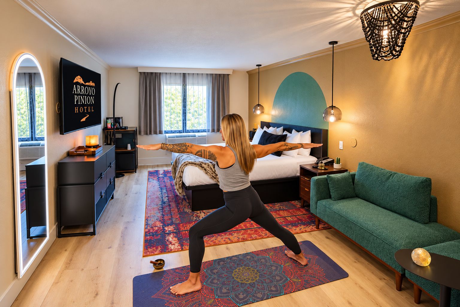 Ett hotellrum med en säng, en grön soffa, en yogamatta, en tv och ett skrivbord med en lampa.