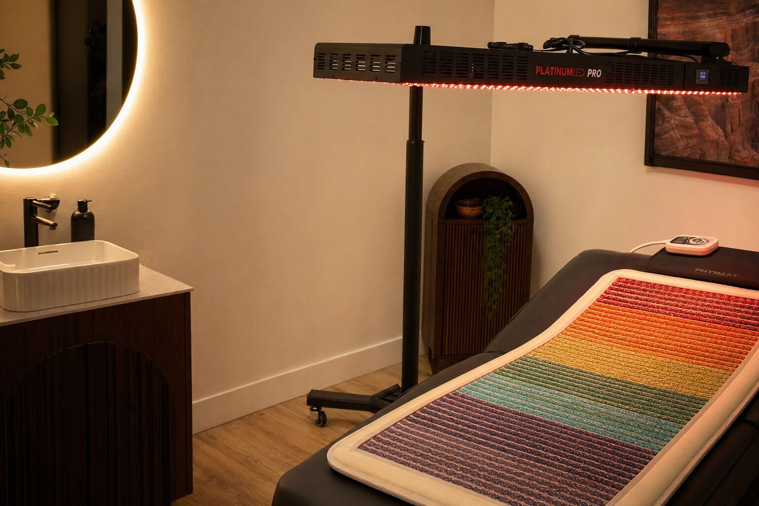 Ett massagebord med en regnbågsfärgad matta, en massagestol, en väggmonterad massagelampa och en liten växt.
