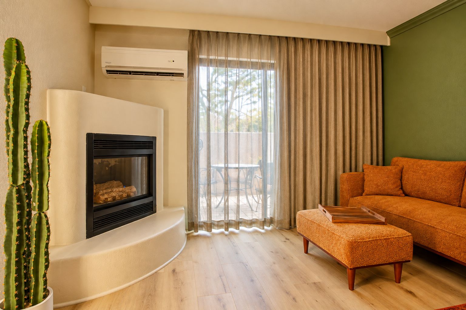 A living room with a fireplace, a sofa, a cactus, and a view through a window with curtains.