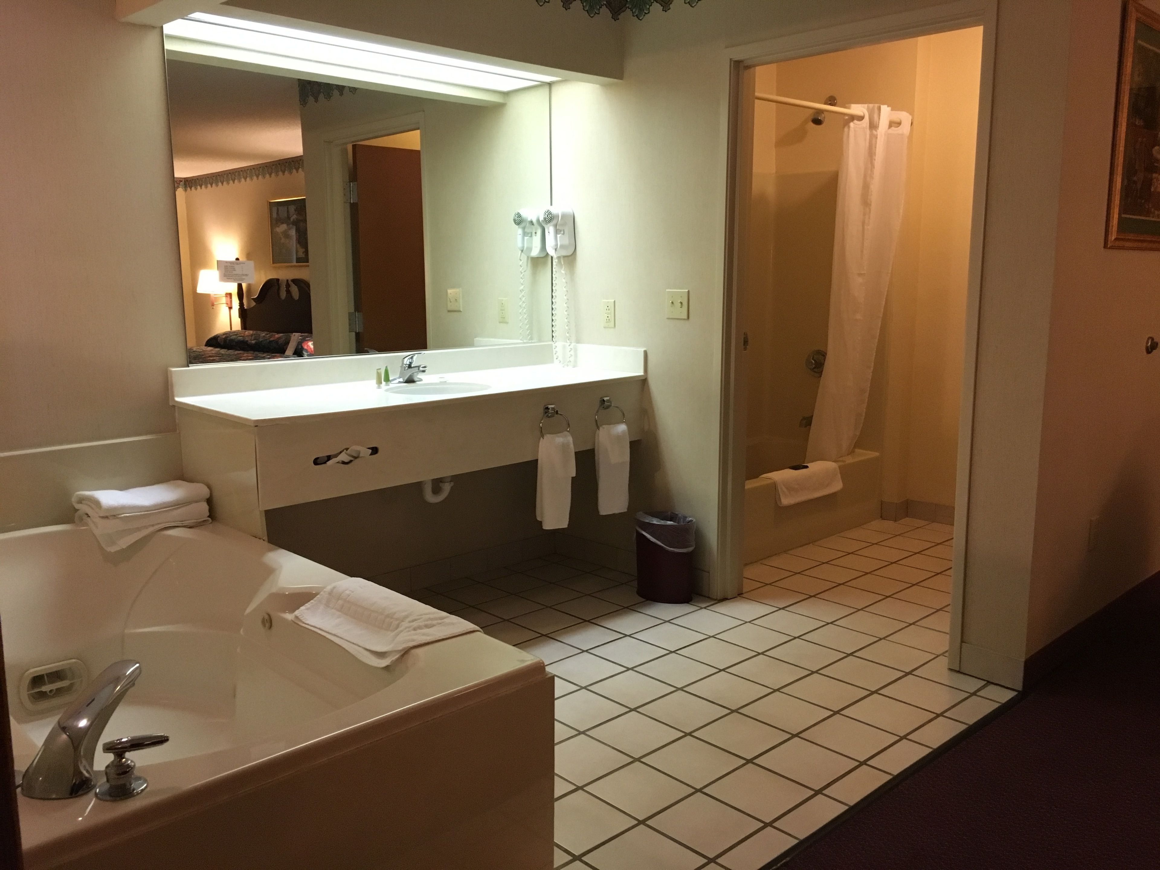 combined shower/bathtub, free toiletries, hair dryer, towels