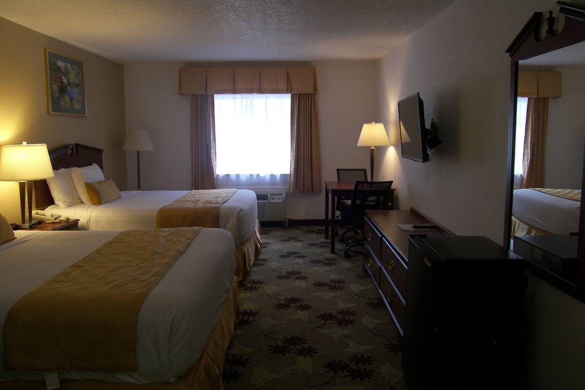Een hotelkamer met twee bedden, een bureau, een stoel, een dressoir, een lamp, een telefoon en een televisie.