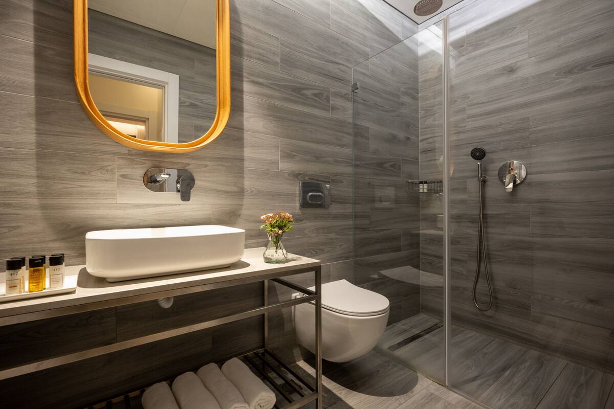 shower, free toiletries, hair dryer, towels