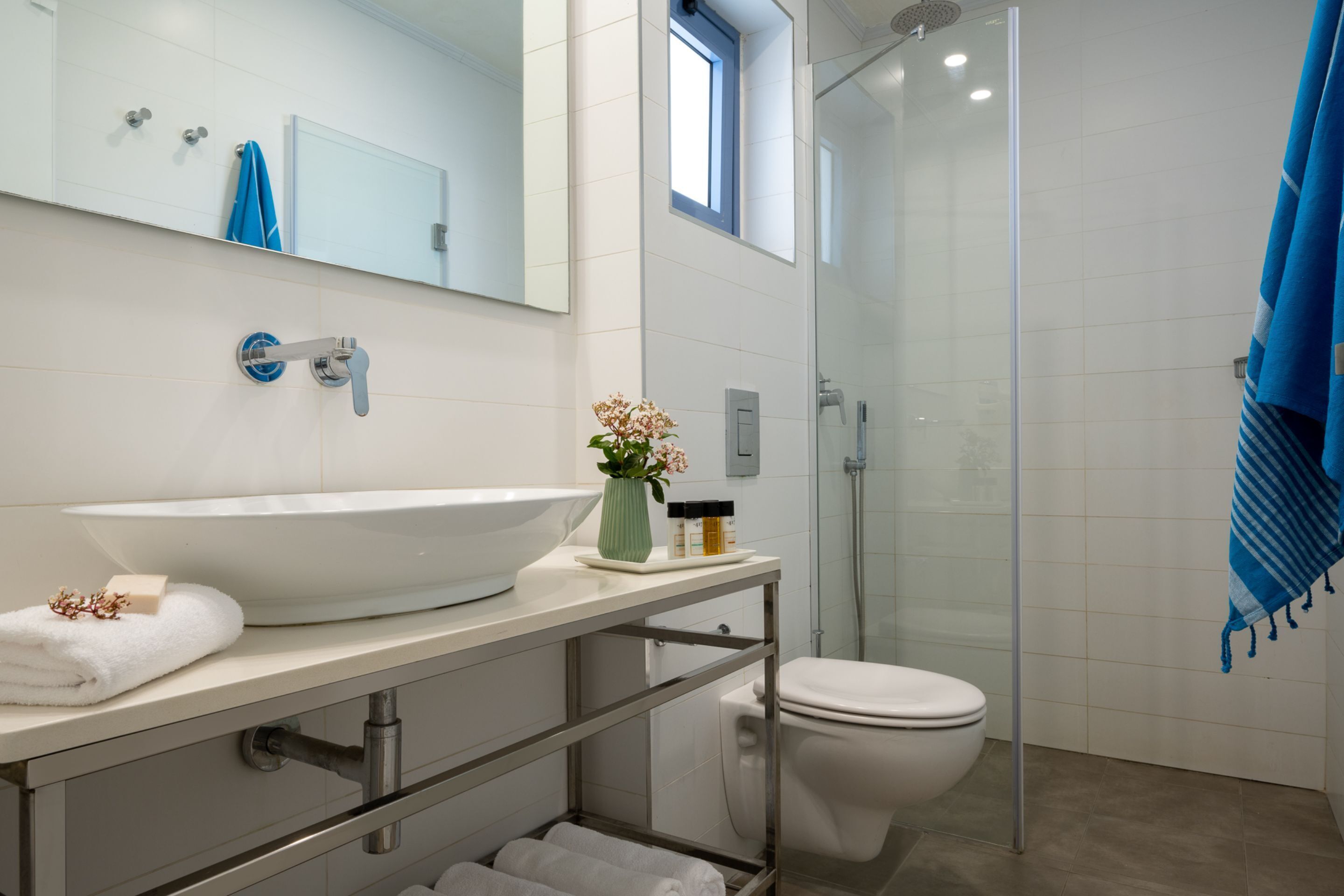 A modern bathroom with a large white sink, a toilet, and a glass-enclosed shower.