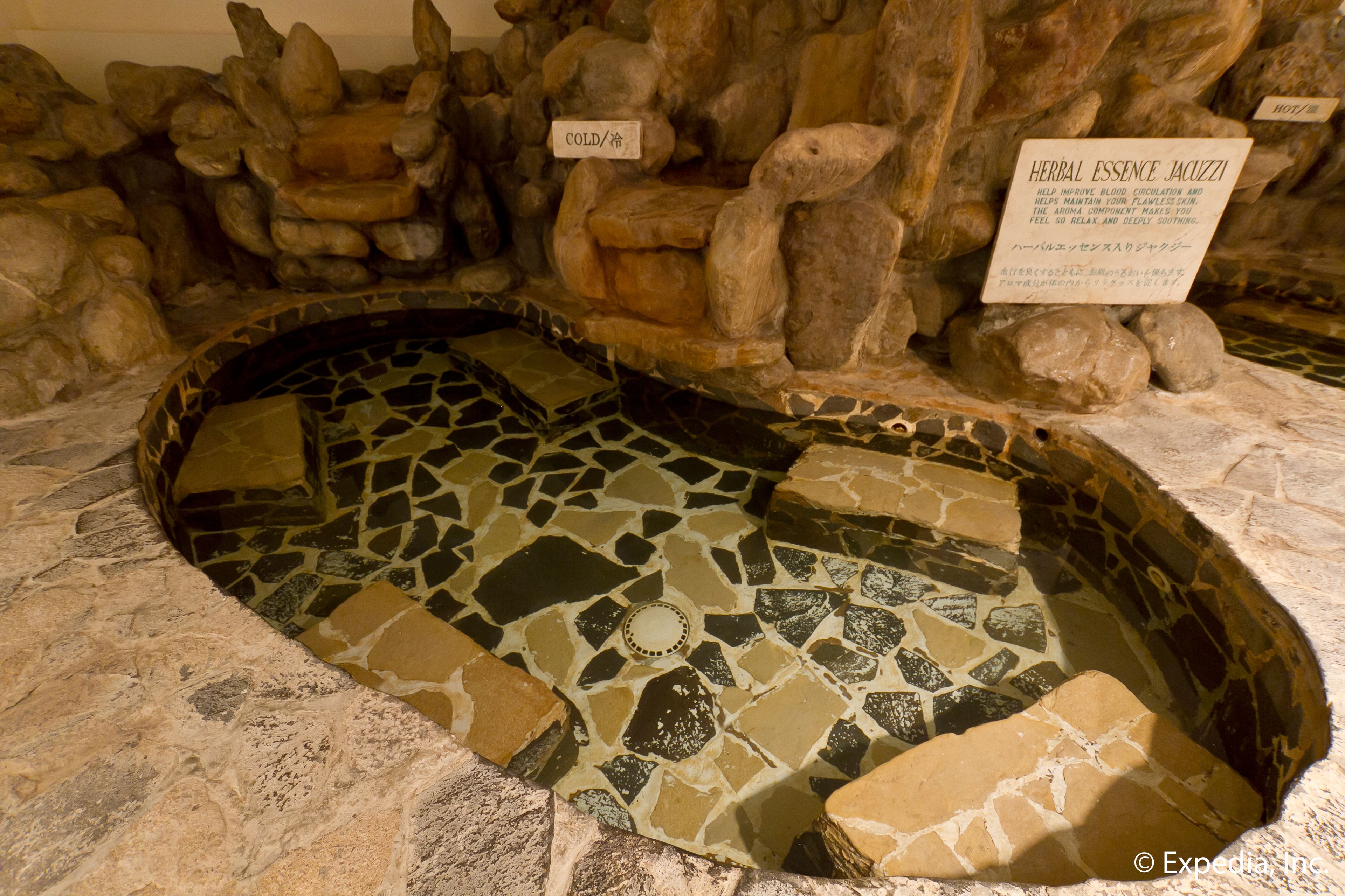 A mosaic-tiled hot tub surrounded by stone walls with signs indicating 'COLD/冷' and 'HERBAL ESSENCE JACUZZI'.