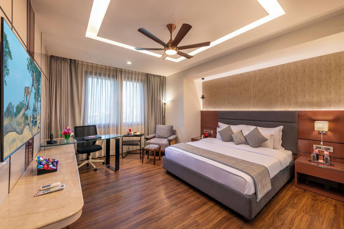 Habitación de hotel con cama, escritorio, silla, televisor y ventilador de techo.