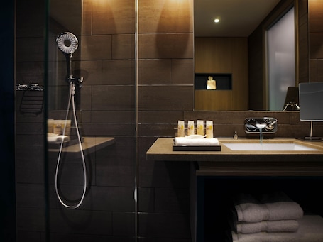 Un bagno moderno con doccia, lavandino e specchio.. Pullman London St Pancras