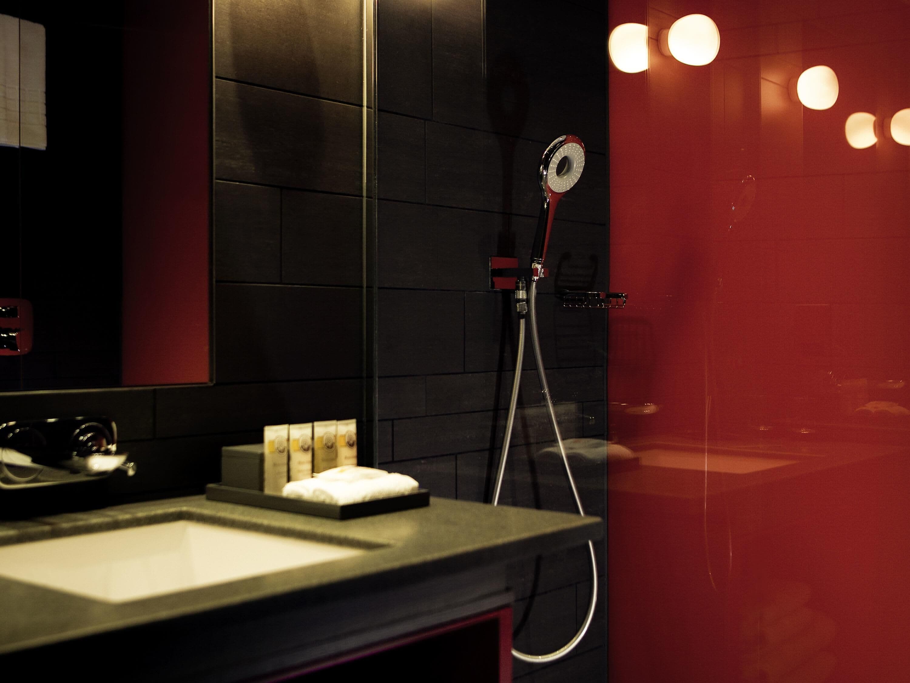 Un baño moderno con pared de azulejos negros, un lavamanos blanco y un cabezal de ducha de mano.