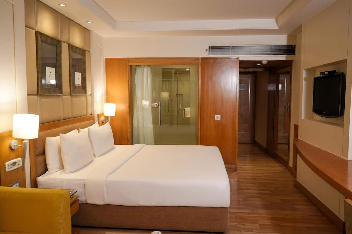 A hotel room with a bed, bedside lamps, a television, a wooden headboard, a mirror, and a shower area.