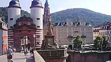 Un bâtiment historique, orné d’une statue à l’avant, avec une façade rouge et blanche, et une colline en arrière-plan.