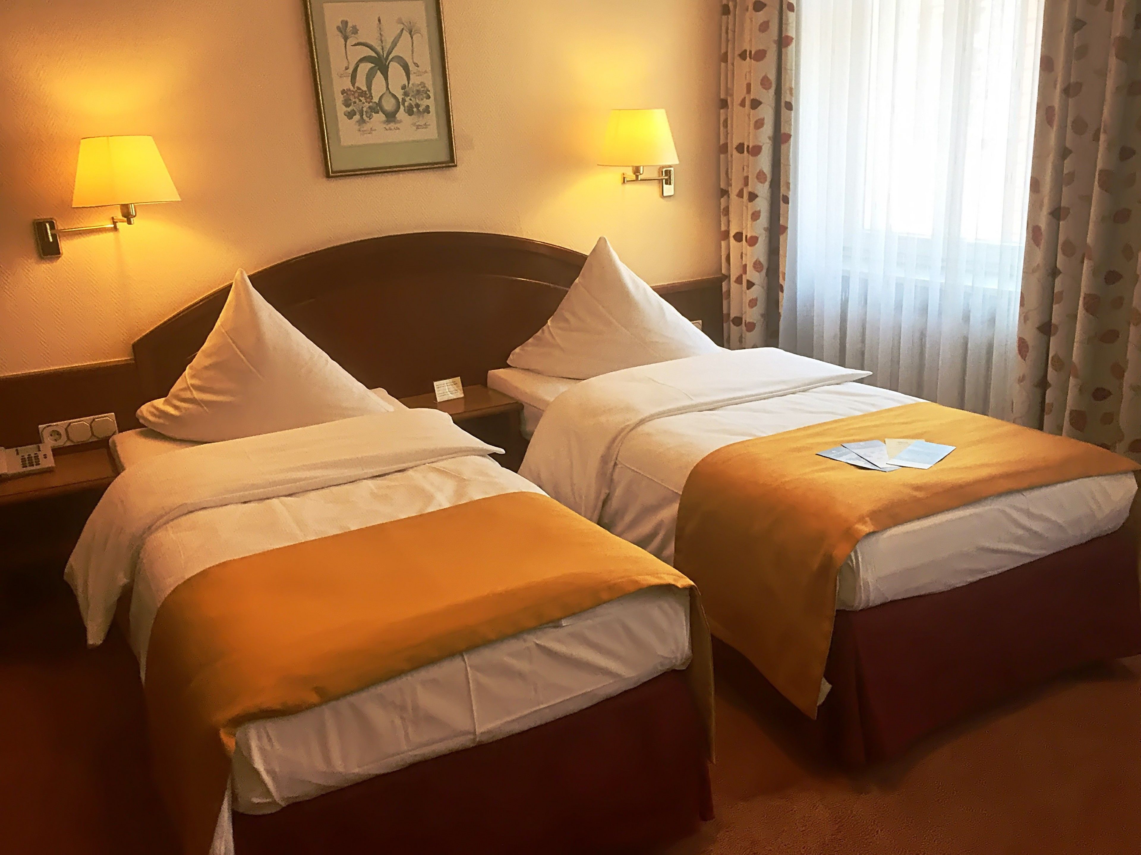 A hotel room with two single beds, each with a white pillow and a brown blanket. There are two wall-mounted lamps on either side of the bed, and a framed botanical illustration on the wall.