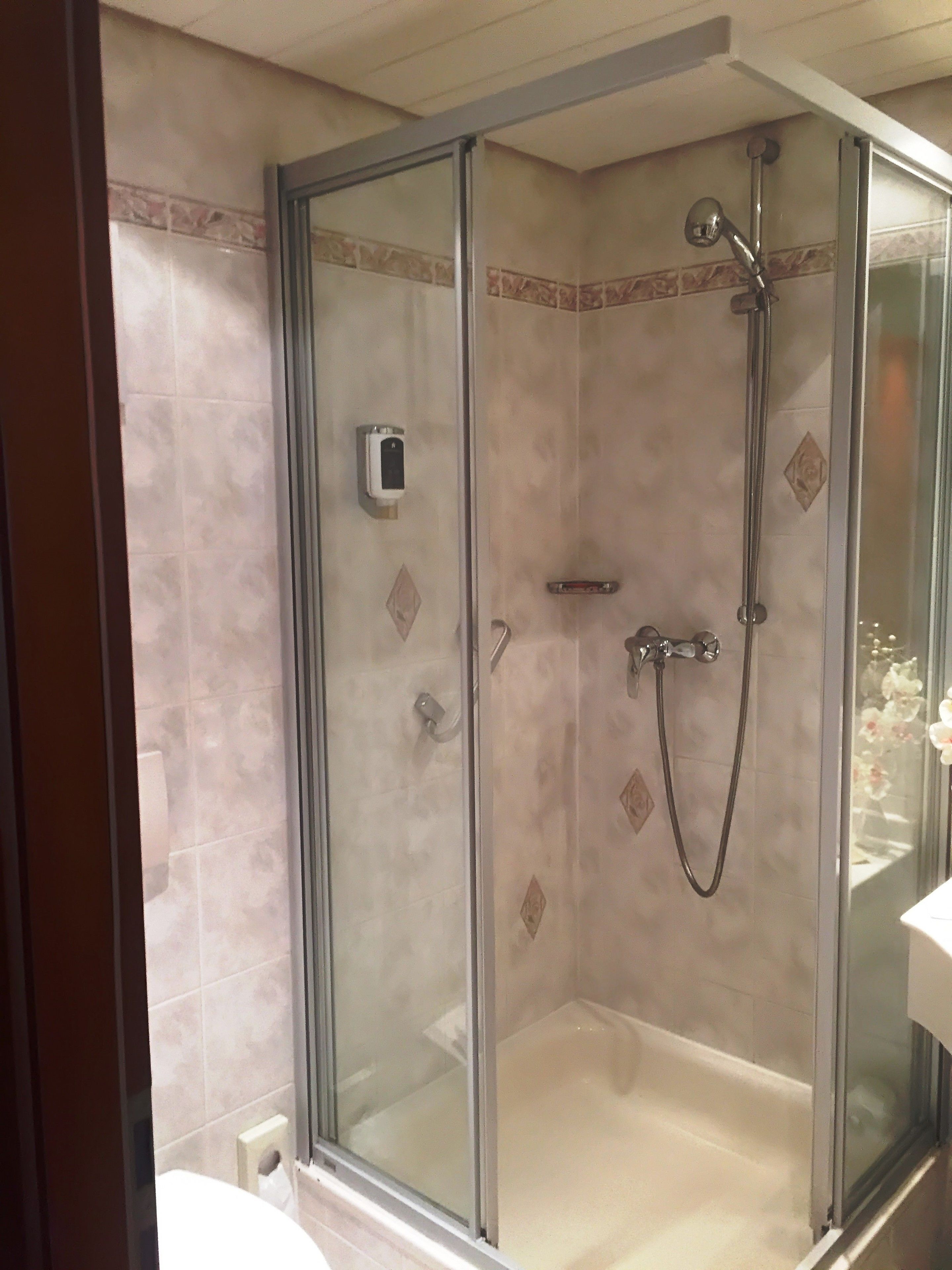 A glass-enclosed shower with a handheld showerhead and a handheld faucet.