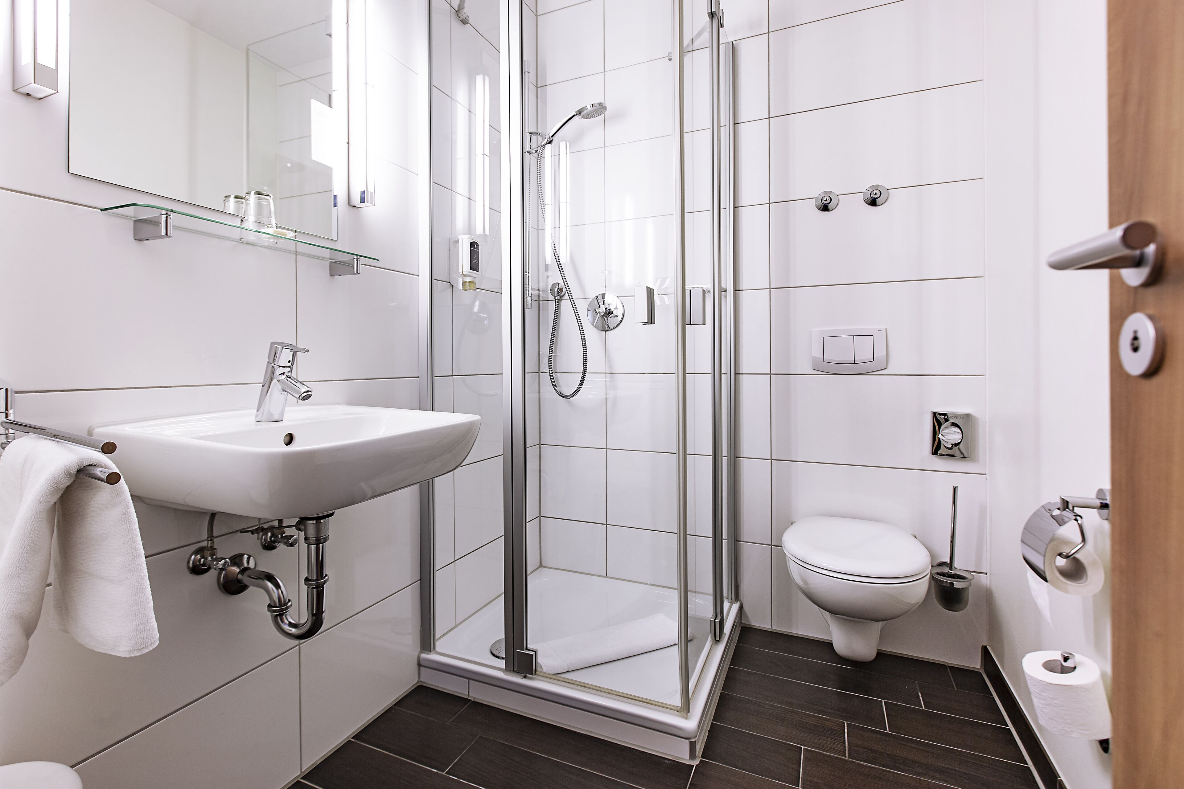 hair dryer, towels, soap, shampoo