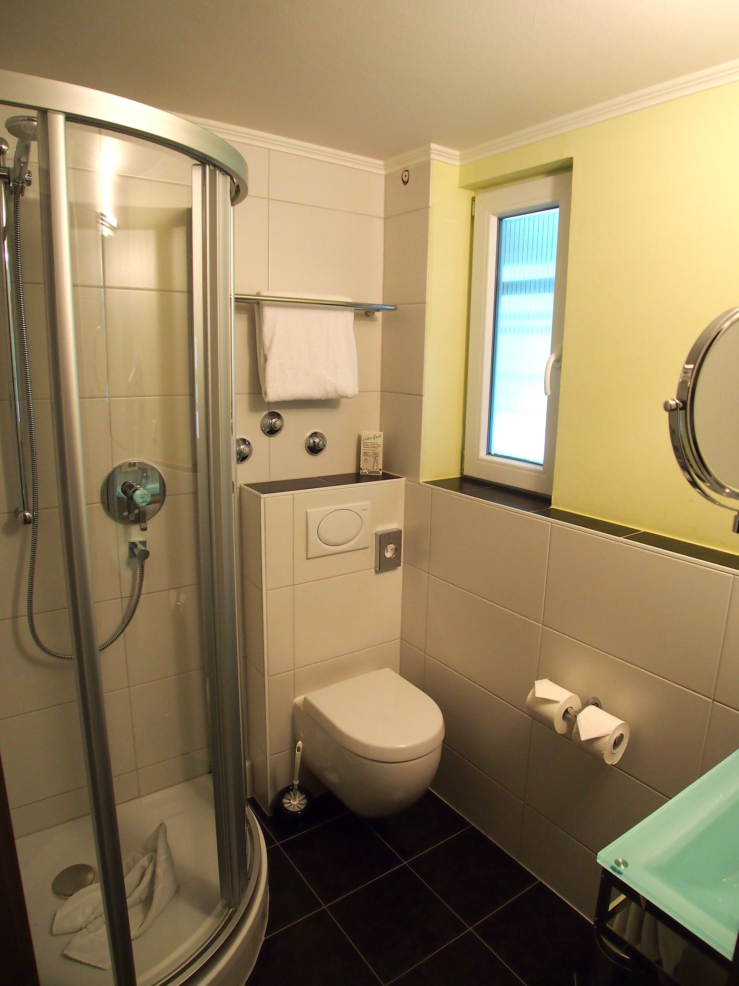 A bathroom with a glass-enclosed shower, a toilet, and a sink with a mirror.