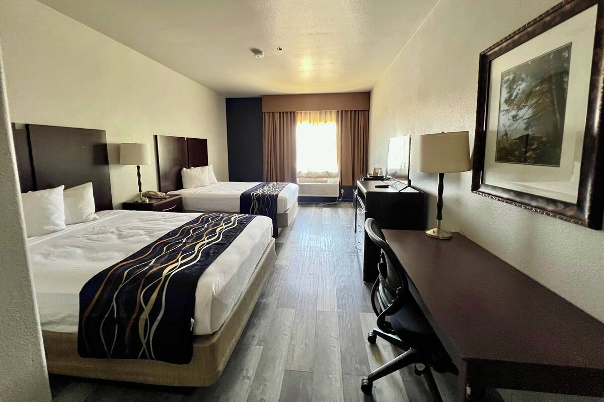 A hotel room with two beds, a desk, a chair, a desk lamp, a telephone, and a framed picture on the wall.