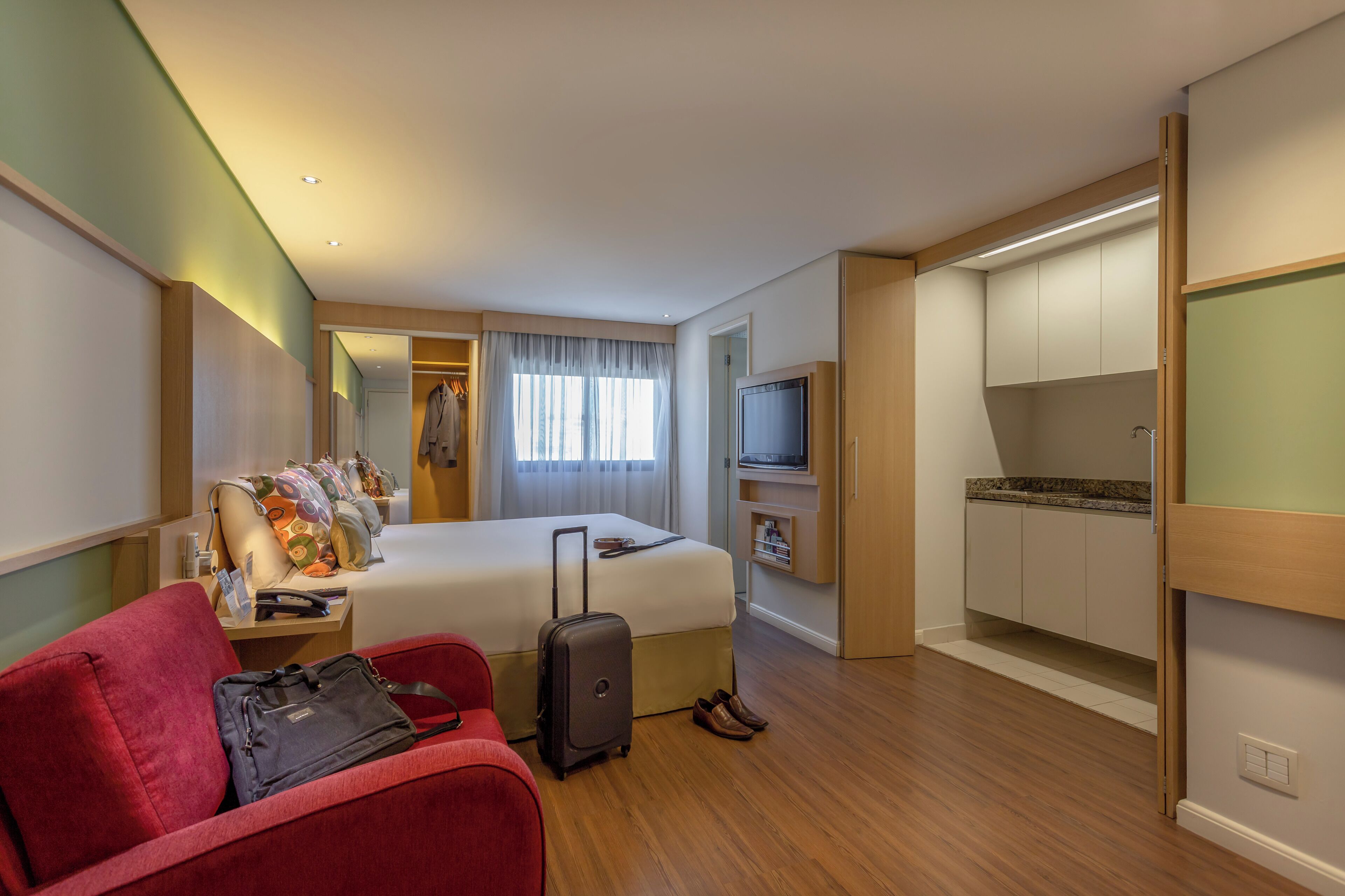 luxury room, 1 double bed, kitchen | minibar, in-room safe, desk, blackout curtains