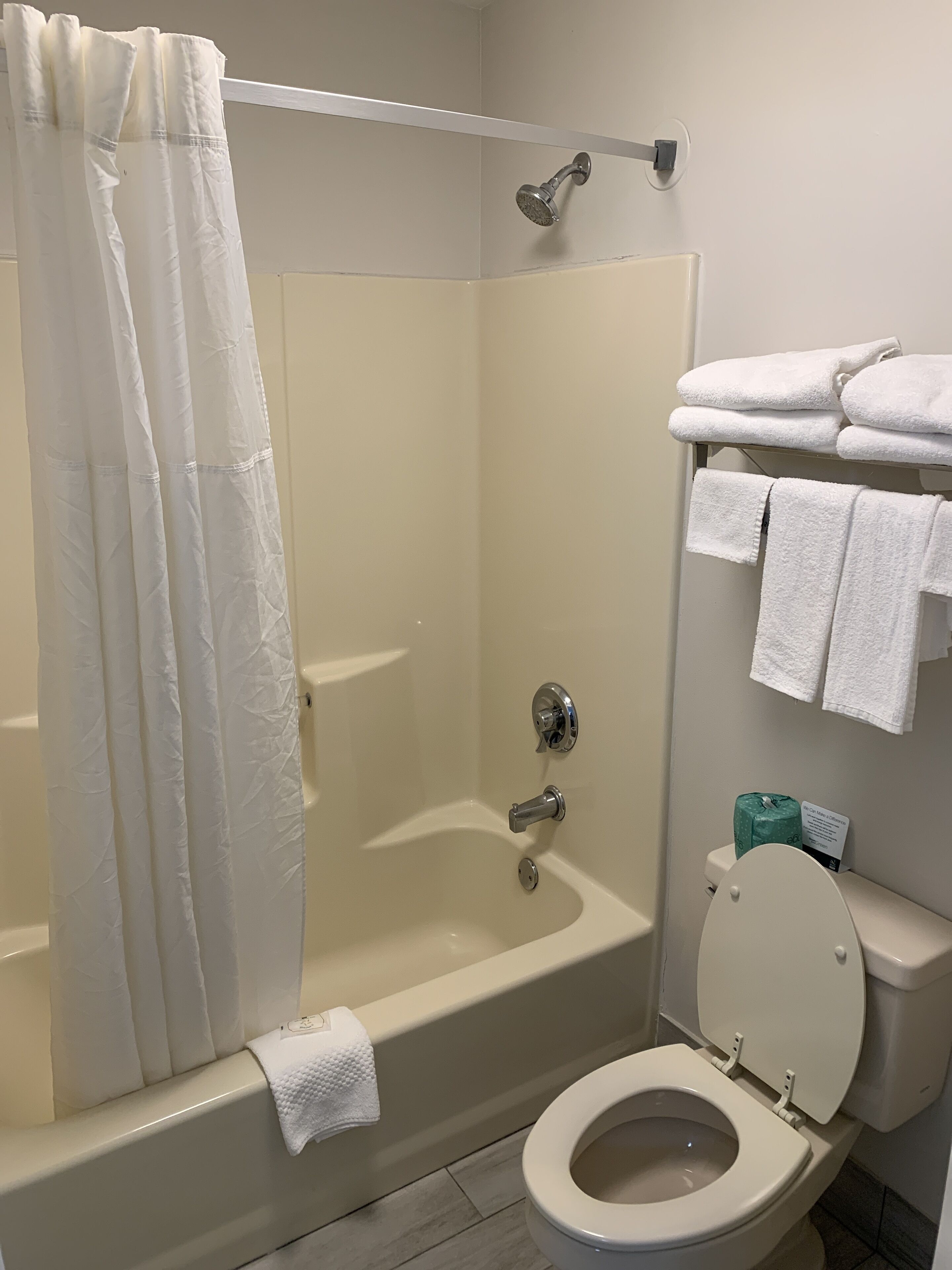 A bathroom with a shower, toilet, and towel rack.