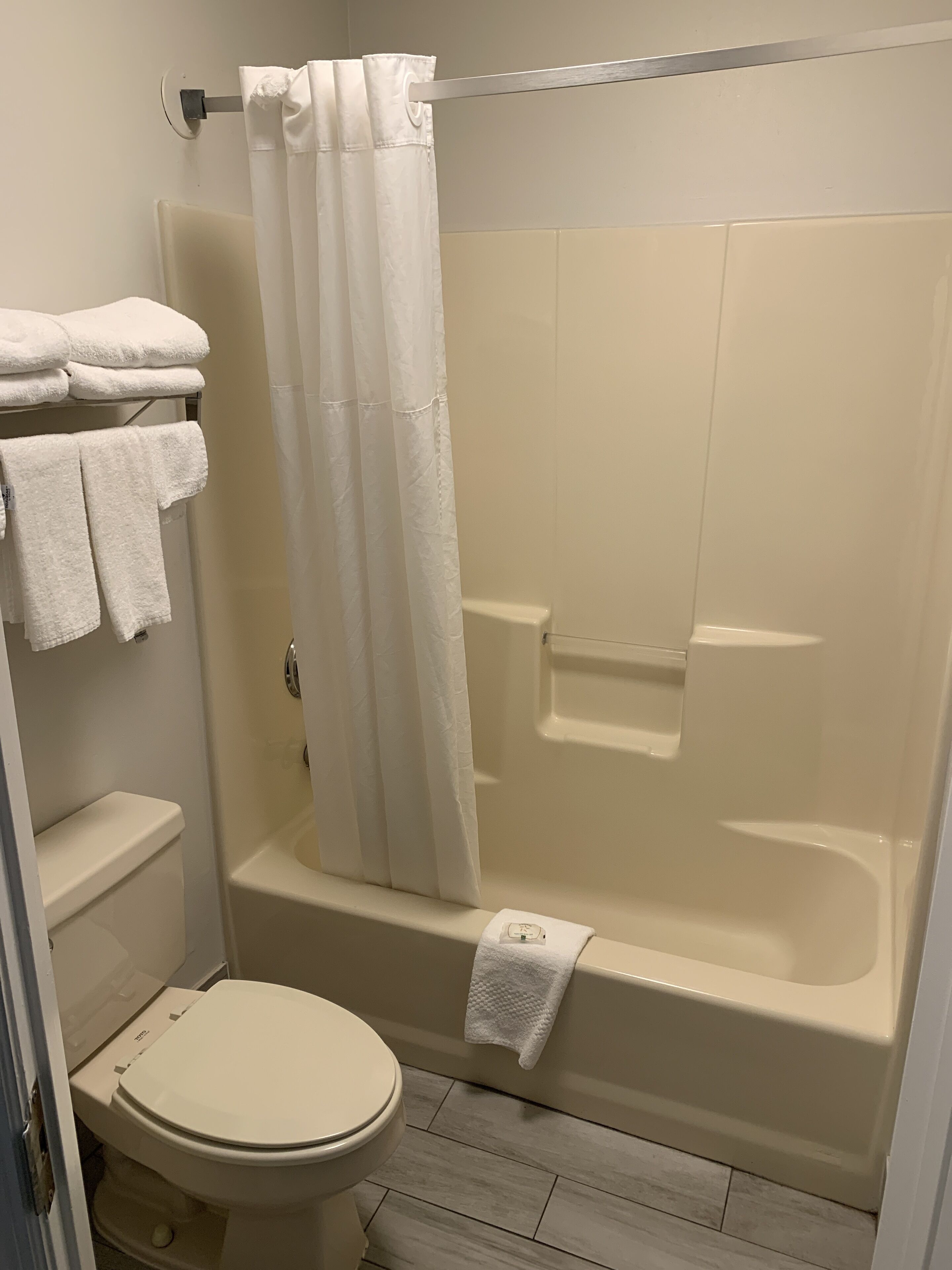 combined shower/bathtub, free toiletries, hair dryer, towels