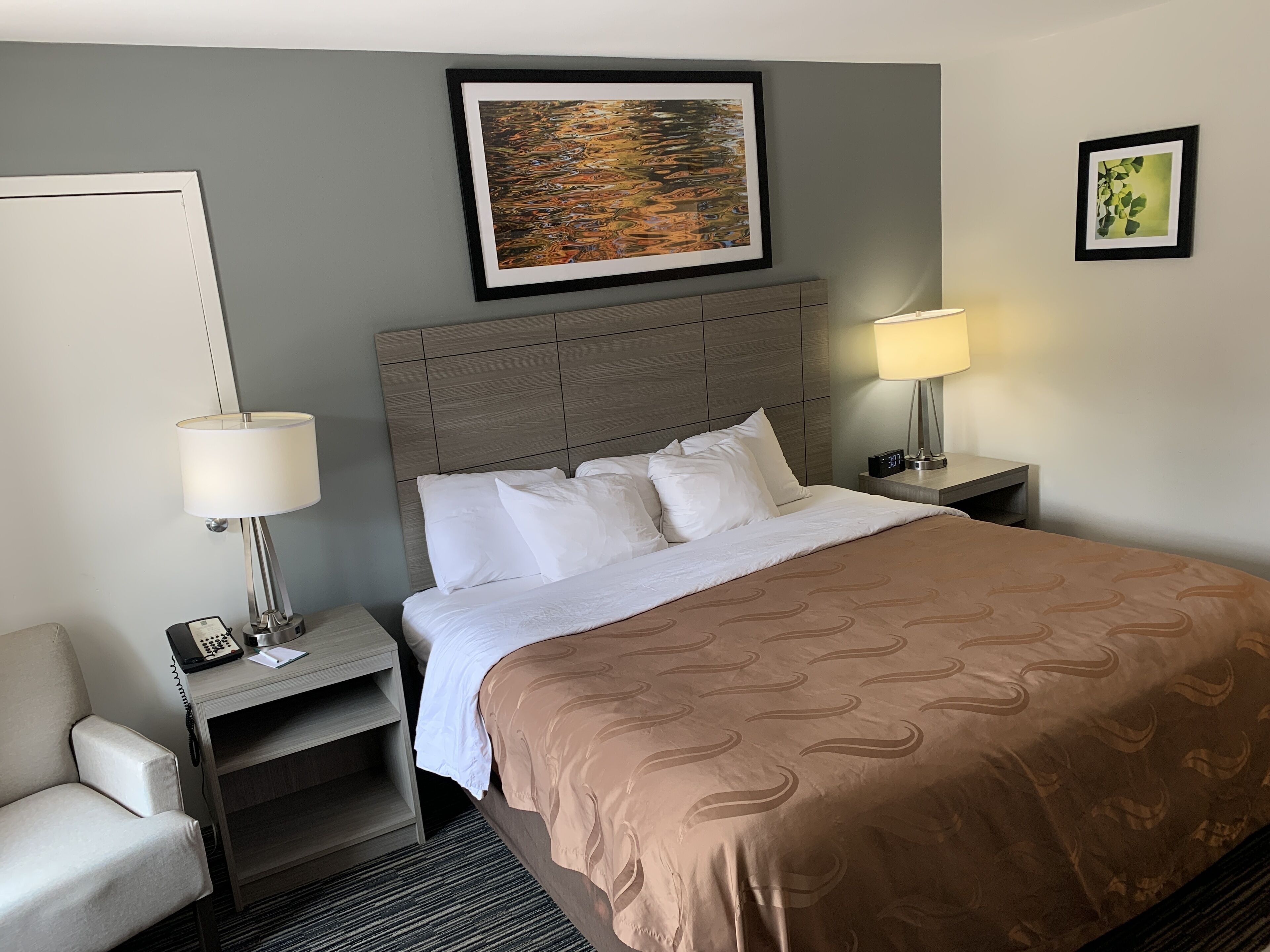 A hotel room with a large bed, two bedside tables, a chair, a desk, and a wall-mounted painting.