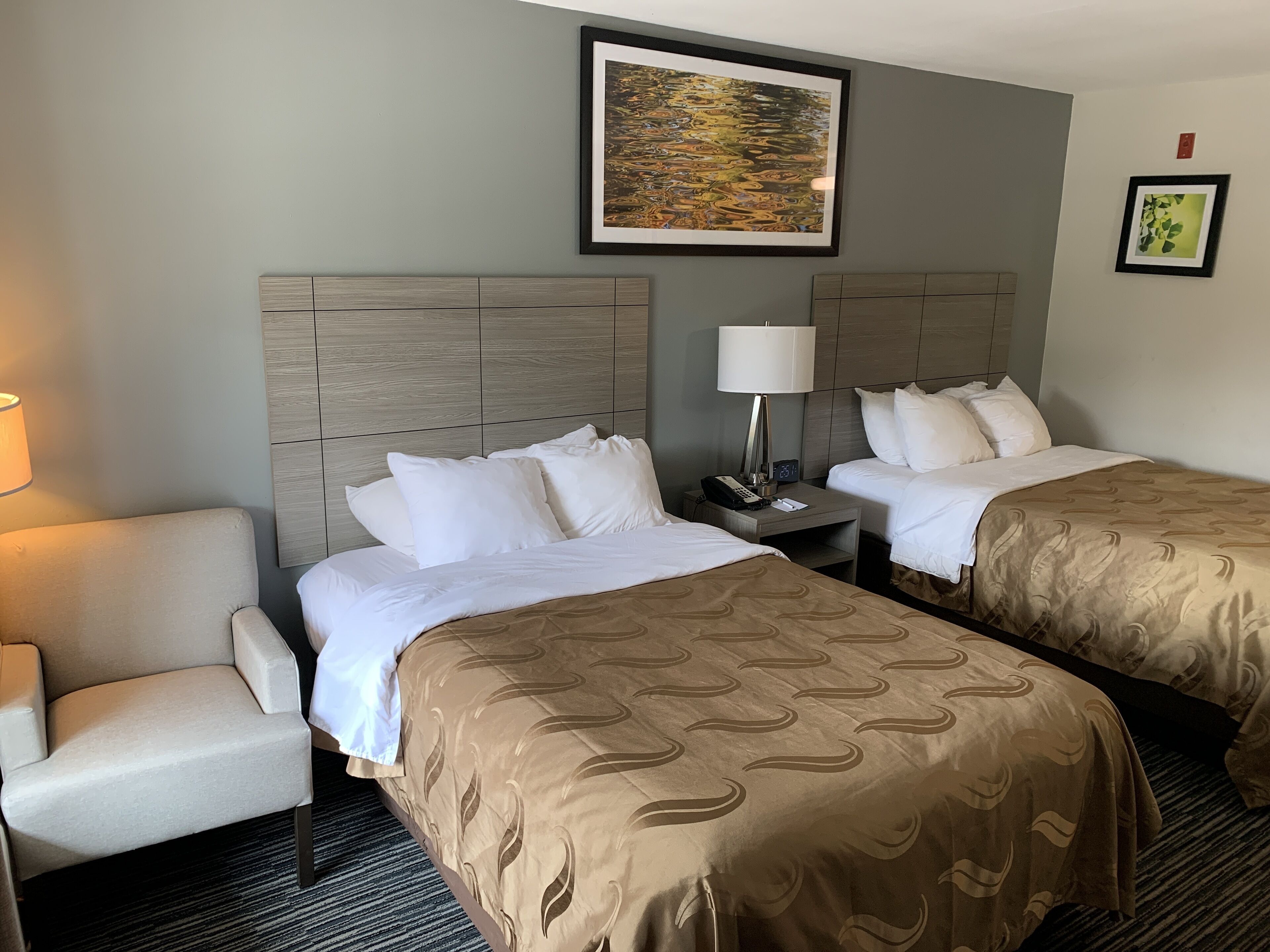 A hotel room with two beds, a chair, a nightstand with a lamp, and a framed picture on the wall.