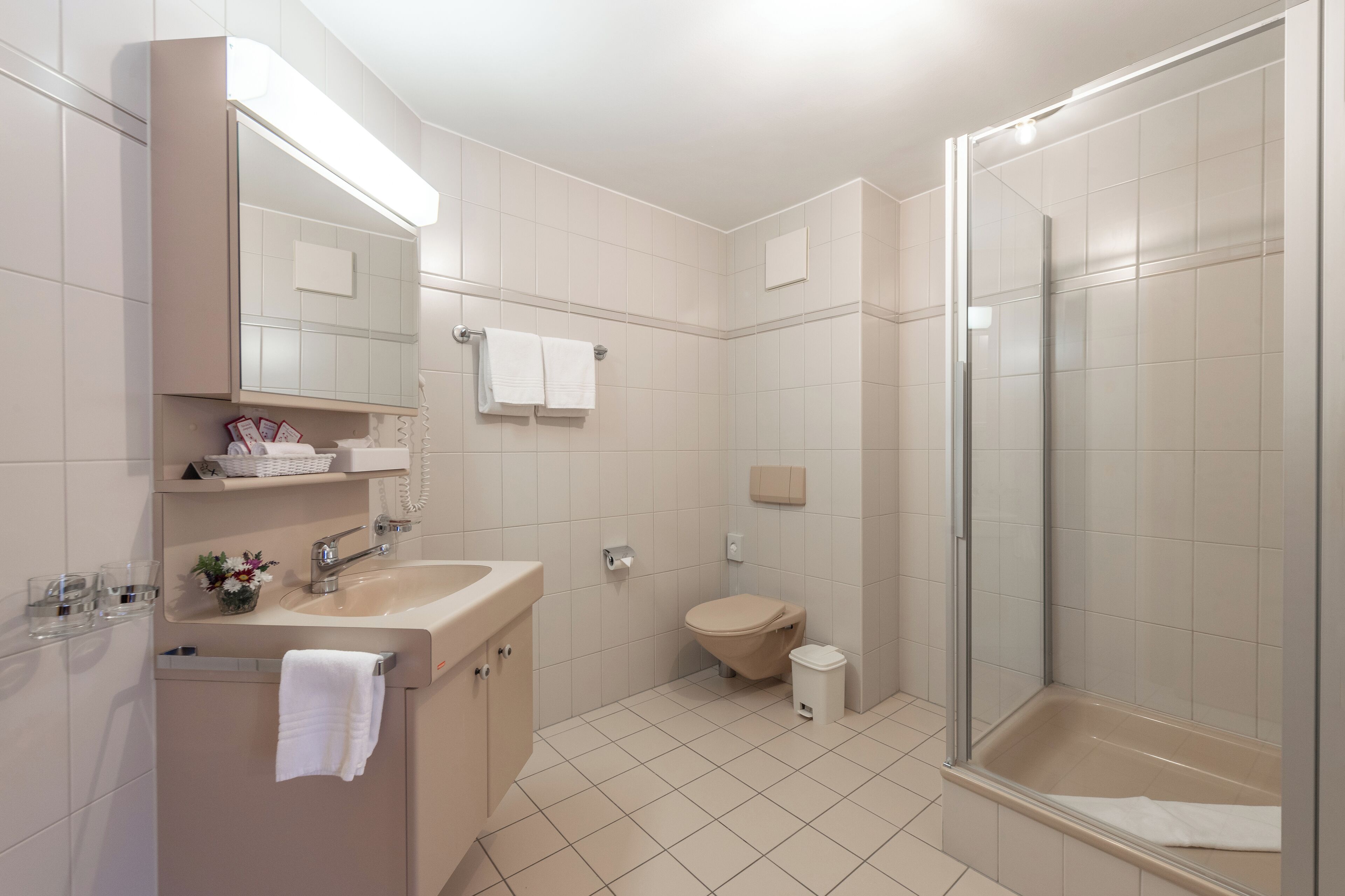 A modern bathroom with a sink, mirror, toilet, and shower.