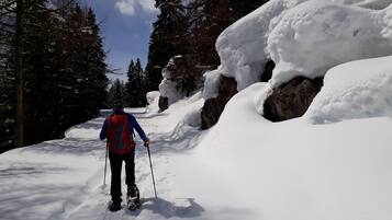 Una persona practica esquí de fondo sobre un sendero cubierto de nieve, con árboles y rocas.