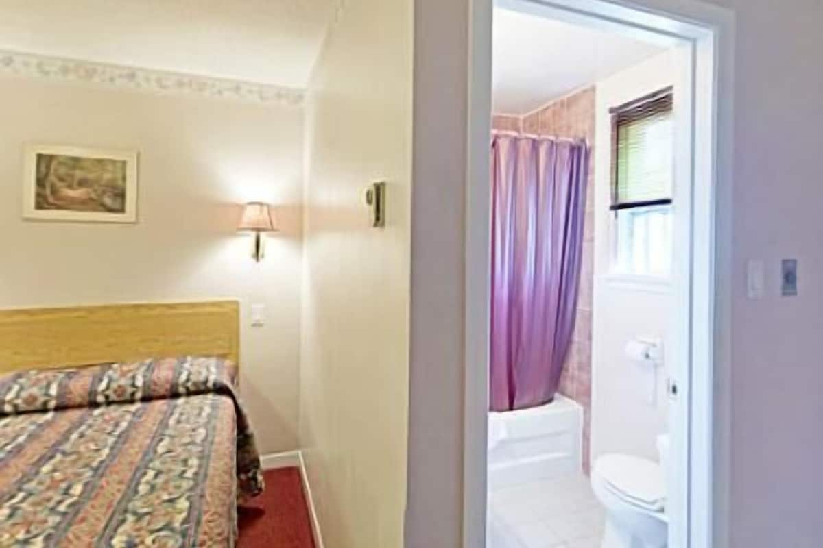 Habitación de hotel con cama, lámpara, un cuadro en la pared y vista al baño por una puerta abierta.