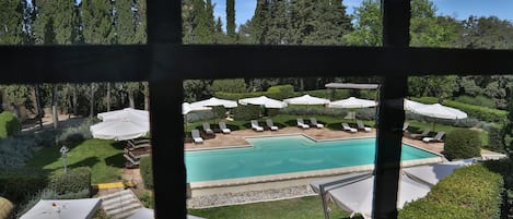 Seasonal outdoor pool, pool umbrellas, pool loungers