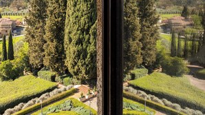 Une vue à travers une fenêtre sur un jardin bien entretenu, avec des haies soigneusement taillées et de grands arbres.