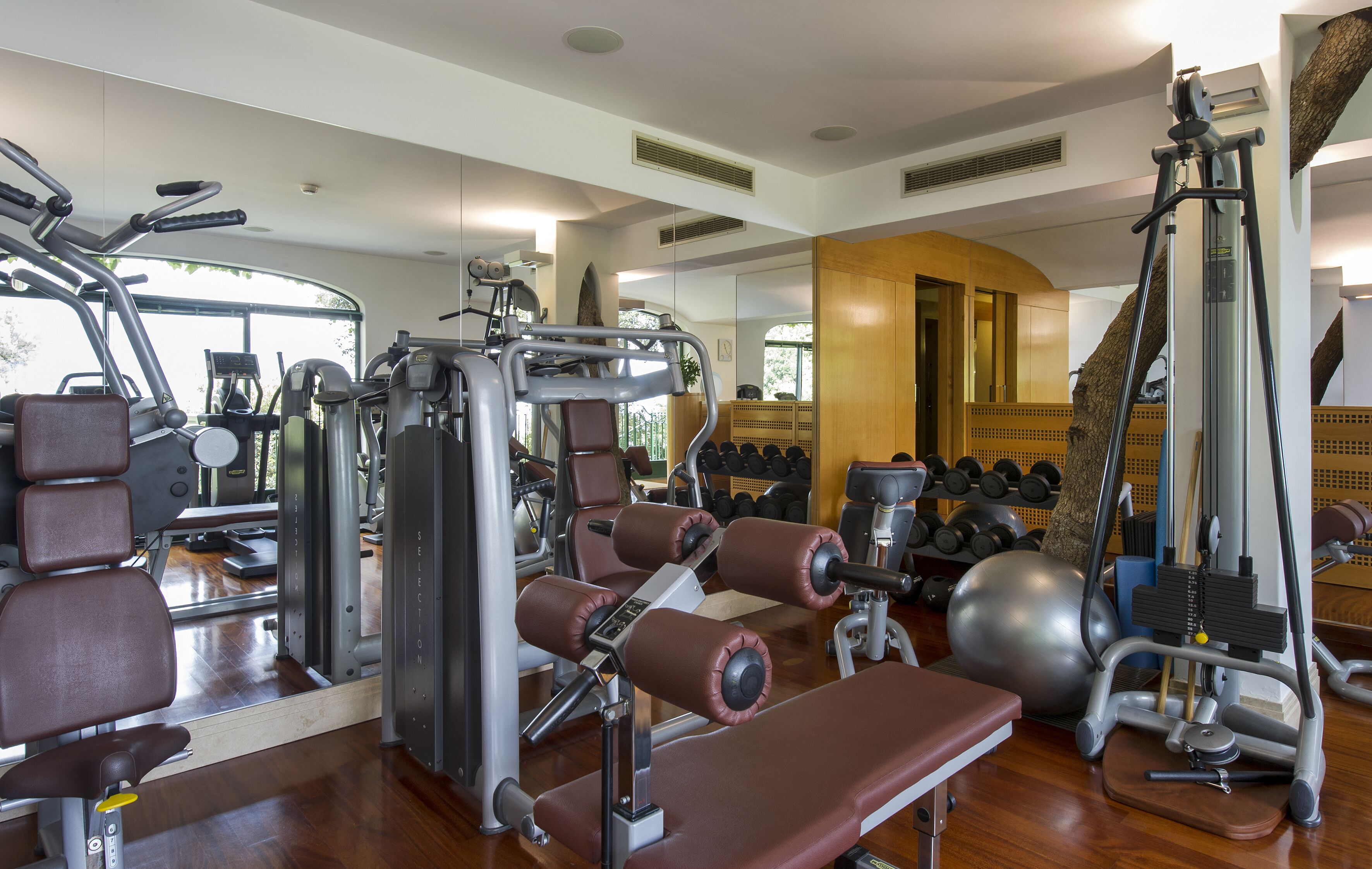 A gym with various exercise equipment, including weight machines, dumbbells, and a large exercise ball.