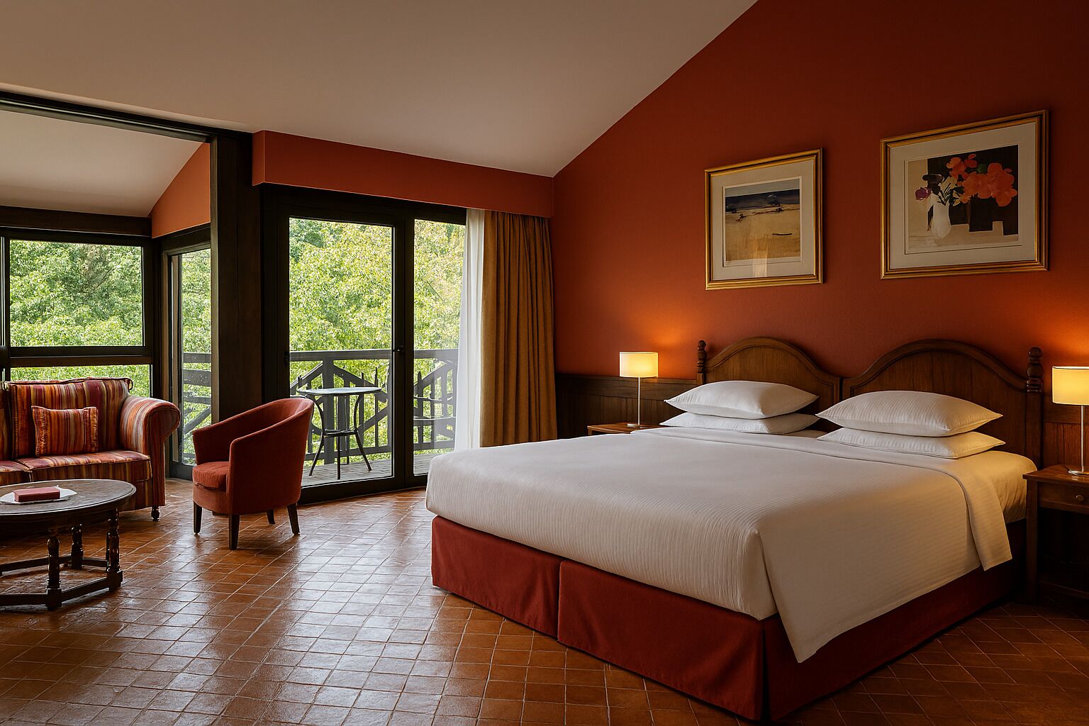 Habitación de hotel con una cama grande, un sofá, una silla, un balcón con vistas a zonas verdes y dos cuadros en la pared.