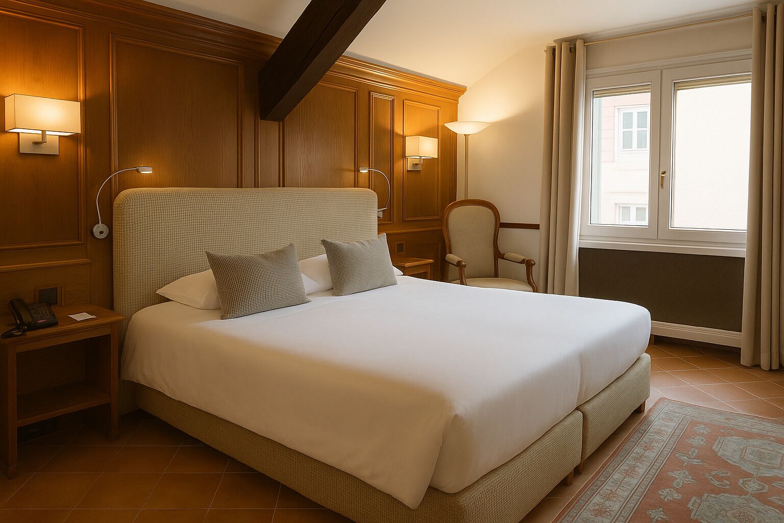 Habitación de hotel con una cama grande, paneles de madera, dos lámparas de noche, una silla y una ventana con cortinas.