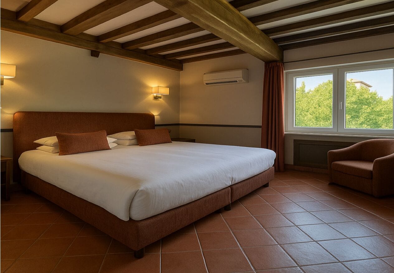A hotel room with a large bed, wooden beams on the ceiling, an air conditioning unit, a window with a view of trees, and a chair.